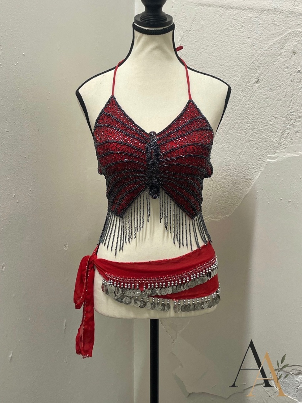 Vintage Y2K Beaded Butterfly Halter Top Fringed Hem - Like New!